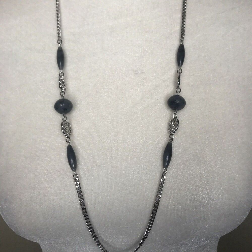 Vintage Necklace Silvertone Gray Beaded Costume Jewelry 1970s
